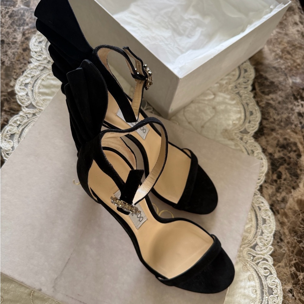 Jimmy Choo Black Suede Wingback Ankle-Strap Heels - Picture 12 of 15